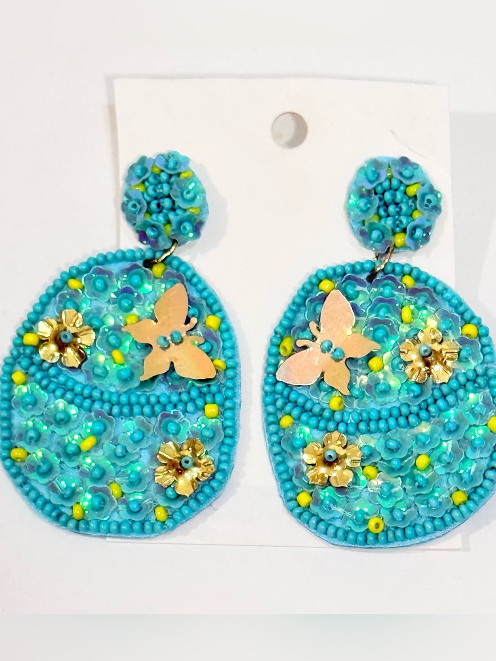 Giddy Up Glamour Boutique Happy Easter Sequin Beaded Turquoise Earrings NWT